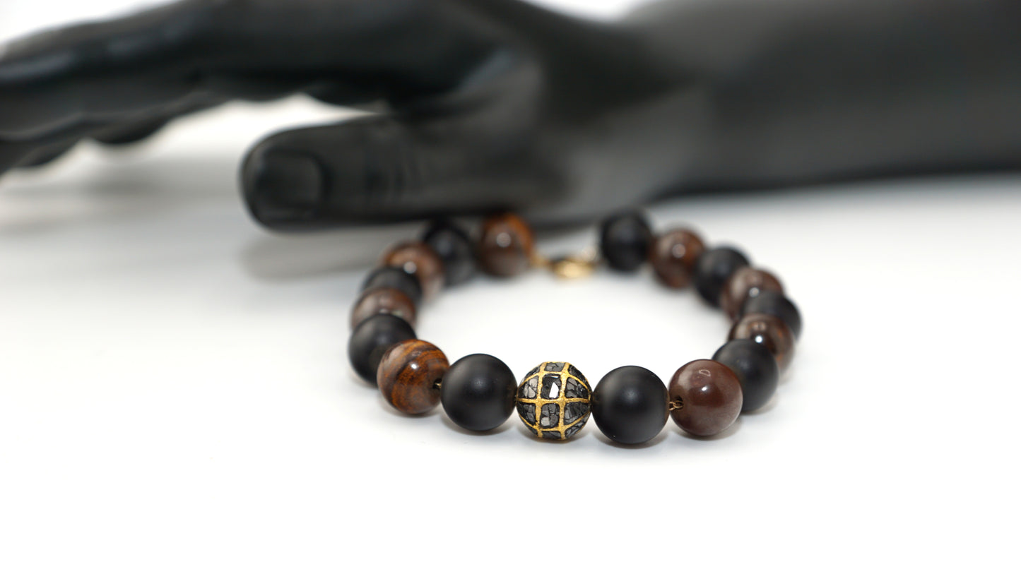 "The Origin" Onyx, Opal, 14K Gold, and Black Diamond Bracelet