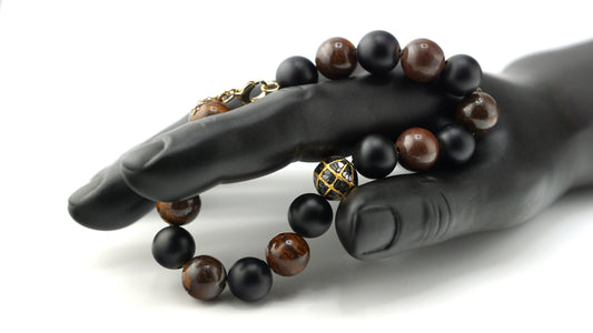 "The Origin" Onyx, Opal, 14K Gold, and Black Diamond Bracelet