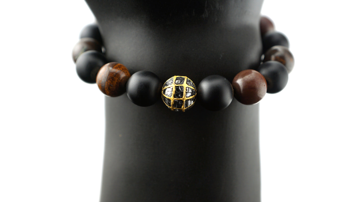 "The Origin" Onyx, Opal, 14K Gold, and Black Diamond Bracelet