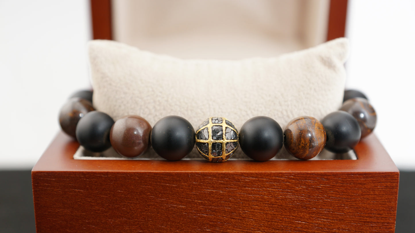 "The Origin" Onyx, Opal, 14K Gold, and Black Diamond Bracelet