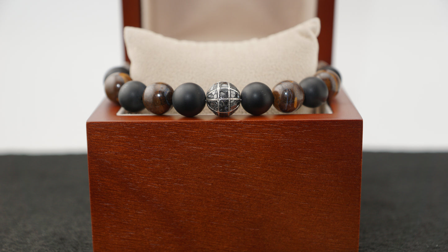 “The Origin” Onyx, Opal, Sterling Silver, and Black Diamond Bracelet